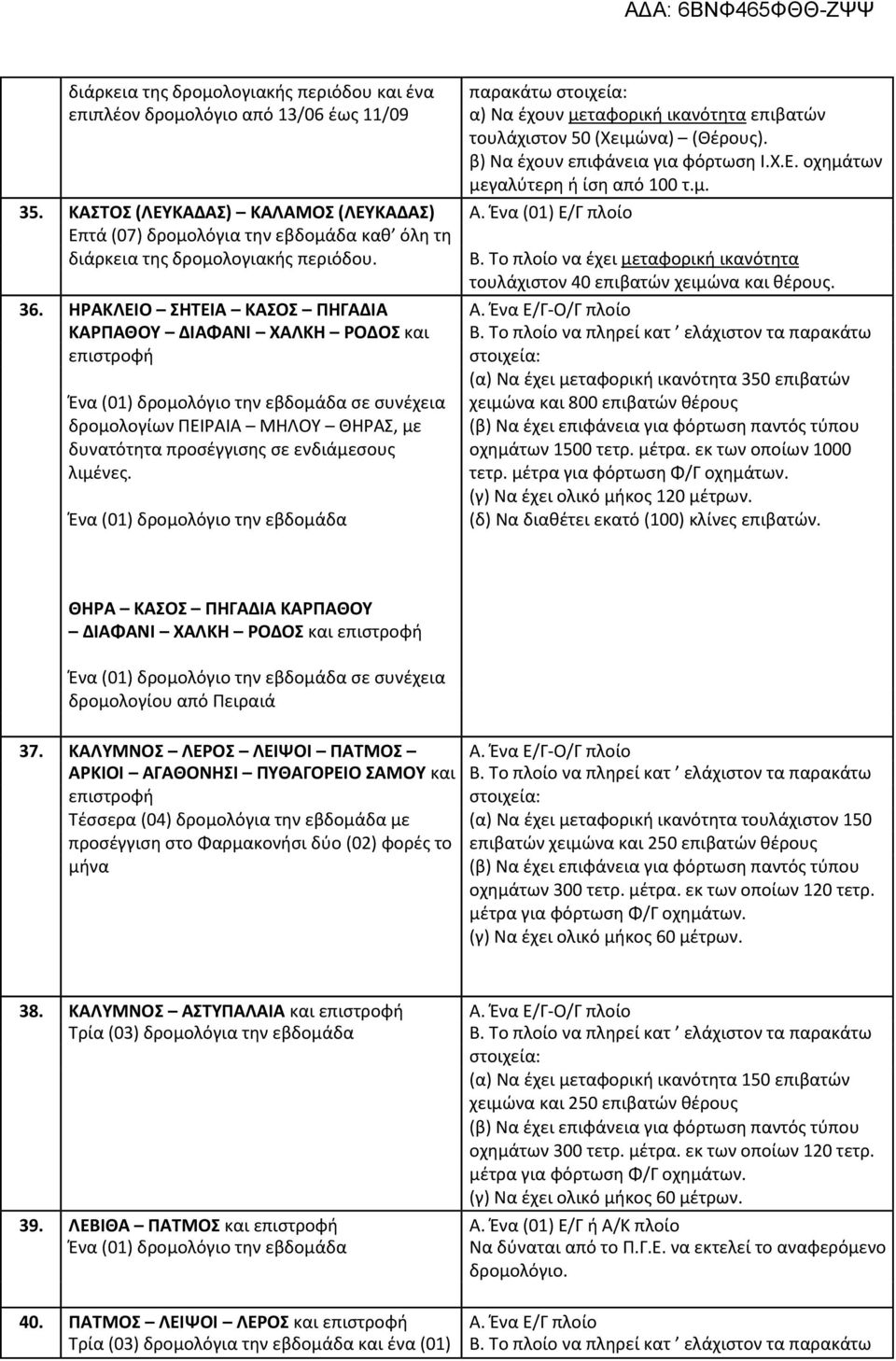 Ζνα (01) Ε/Γ πλοίο Επτά (07) δρομολόγια τθν εβδομάδα κακ όλθ τθ διάρκεια τθσ δρομολογιακισ περιόδου. Β. Σο πλοίο να ζχει μεταφορικι ικανότθτα τουλάχιςτον 40 επιβατϊν χειμϊνα και κζρουσ. 36.
