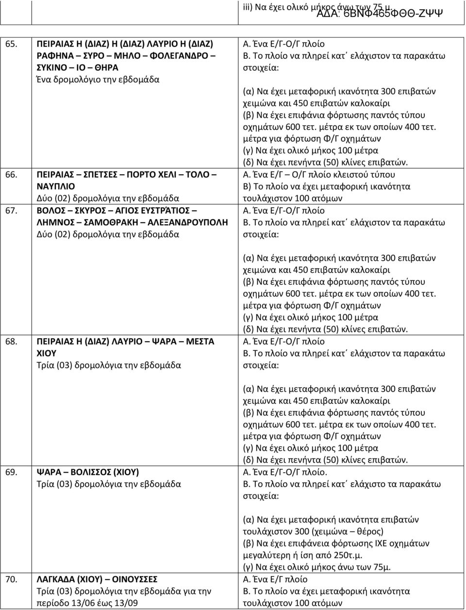 ΠΕΙΡΑΙΑ Θ (ΔΙΑΗ) ΛΑΤΡΙΟ ΨΑΡΑ ΜΕΣΑ ΧΙΟΤ Σρία (03) δρομολόγια τθν εβδομάδα 69. ΨΑΡΑ ΒΟΛΙΟ (ΧΙΟΤ) Σρία (03) δρομολόγια τθν εβδομάδα 70.