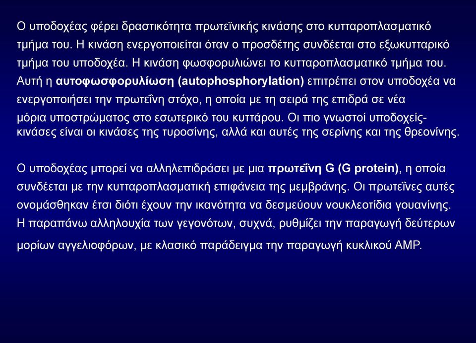 Απηή ε απηνθωζθνξπιίωζε (autophosphorylation) επηηξέπεη ζηνλ ππνδνρέα λα ελεξγνπνηήζεη ηελ πξσηεΐλε ζηόρν, ε νπνία κε ηε ζεηξά ηεο επηδξά ζε λέα κόξηα ππνζηξώκαηνο ζην εζσηεξηθό ηνπ θπηηάξνπ.