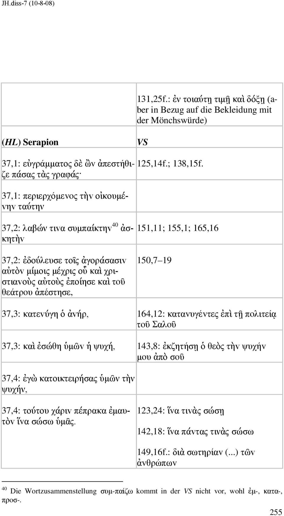 τoῦ θεάτρoυ ἀπέστησε, 150,7 19 37,3: κατεvύγη ὁ ἀvήρ, 164,12: καταvυγέvτες ἐπὶ τῇ πoλιτείᾳ τoῦ Σαλoῦ 37,3: καὶ ἐσώθη ὑµῶv ἡ ψυχή, 143,8: ἐκζητήσῃ ὁ θεὸς τὴv ψυχήv µoυ ἀπὸ σoῦ 37,4: ἐγὼ κατoικτειρήσας