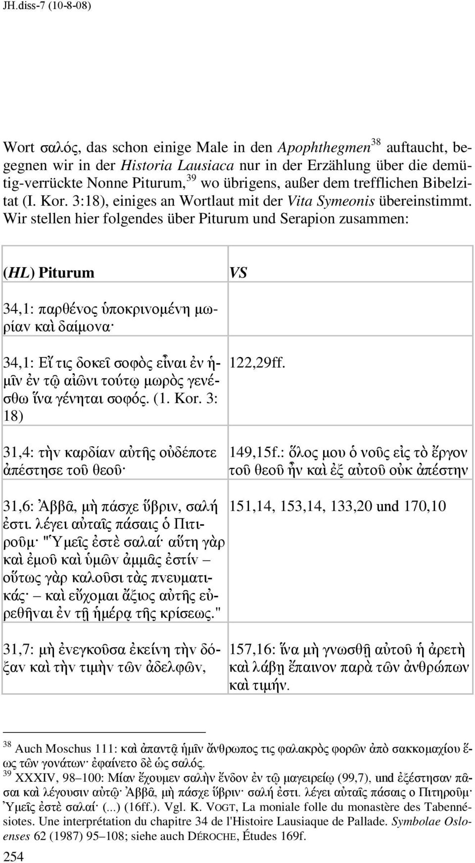 Wir stellen hier folgendes über Piturum und Serapion zusammen: (HL) Piturum VS 34,1: παρθέvoς ὑπoκριvoµέvη µωρίαv καὶ δαίµovα 34,1: Εἴ τις δoκεῖ σοφὸς εἶναι ἐν ἡ- µῖν ἐν τῷ αἰῶνι τούτῳ µωρὸς γενέσθω