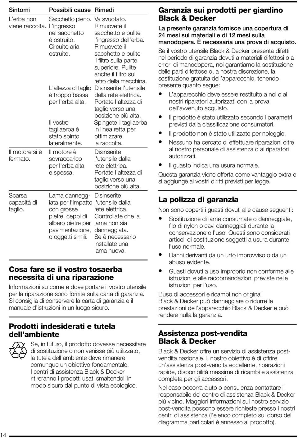 L'altezza di taglio Disinserite l'utensile è troppo bassa dalla rete elettrica. per l'erba alta. Portate l'altezza di taglio verso una posizione più alta.