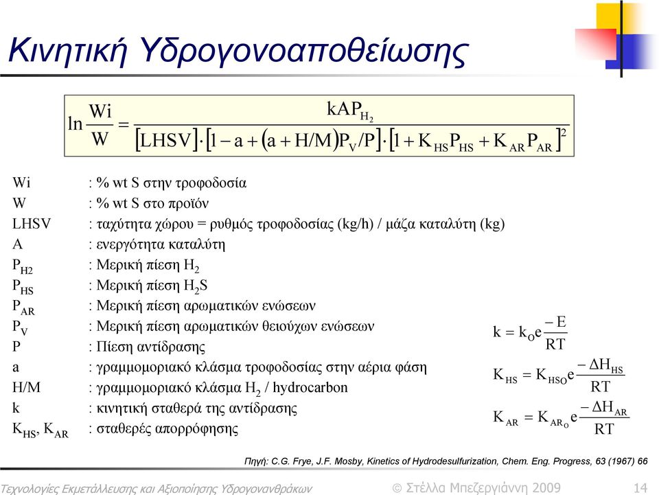 Μερικήπίεσηαρωματικώνθειούχωνενώσεων P : Πίεση αντίδρασης a : γραμμομοριακό κλάσμα τροφοδοσίας στην αέρια φάση H/M : γραμμομοριακό κλάσμα Η 2 / hydrocarbon k : κινητική σταθερά της