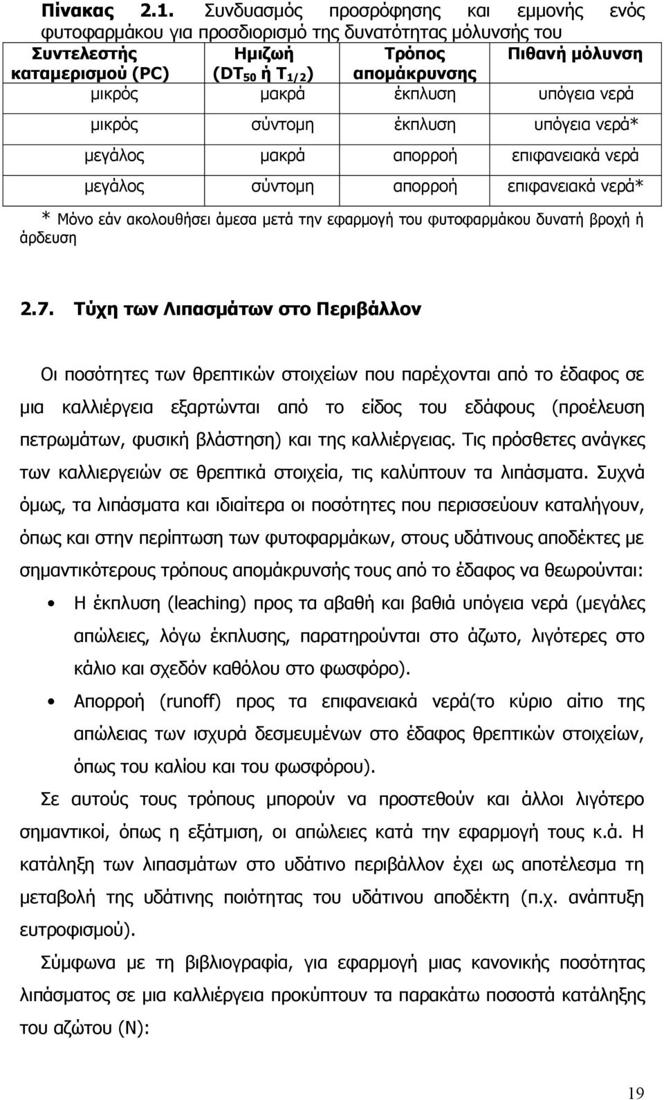 μακρά έκπλυση υπόγεια νερά μικρός σύντομη έκπλυση υπόγεια νερά* μεγάλος μακρά απορροή επιφανειακά νερά μεγάλος σύντομη απορροή επιφανειακά νερά* * Μόνο εάν ακολουθήσει άμεσα μετά την εφαρμογή του