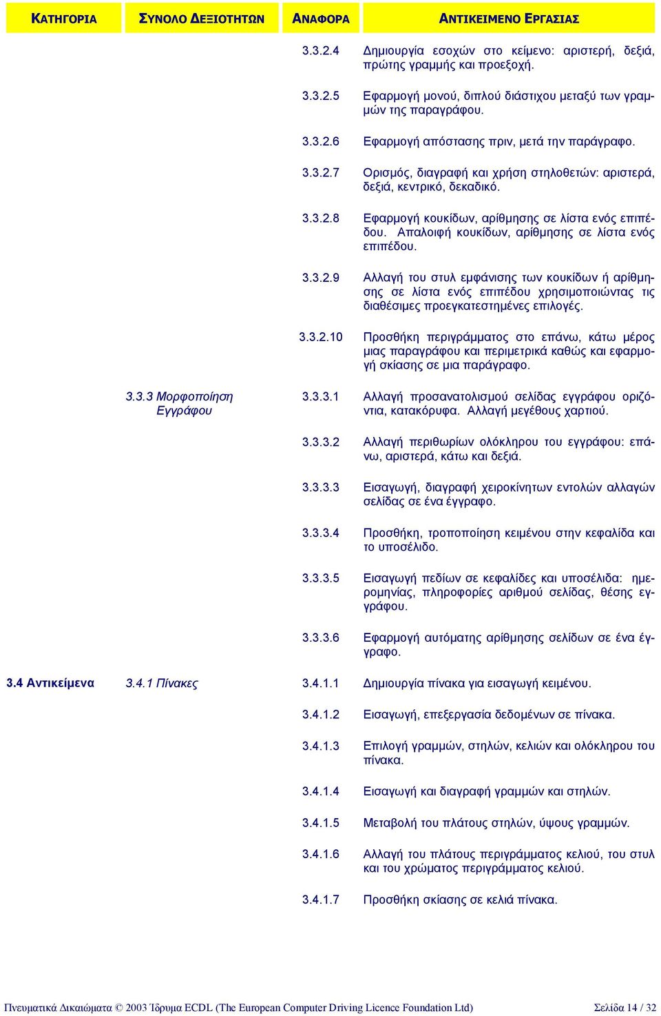 3.3.2.9 Αλλαγή του στυλ εµφάνισης των κουκίδων ή αρίθµησης σε λίστα ενός επιπέδου χρησιµοποιώντας τις διαθέσιµες προεγκατεστηµένες επιλογές. 3.3.2.10 Προσθήκη περιγράµµατος στο επάνω, κάτω µέρος µιας παραγράφου και περιµετρικά καθώς και εφαρµογή σκίασης σε µια παράγραφο.