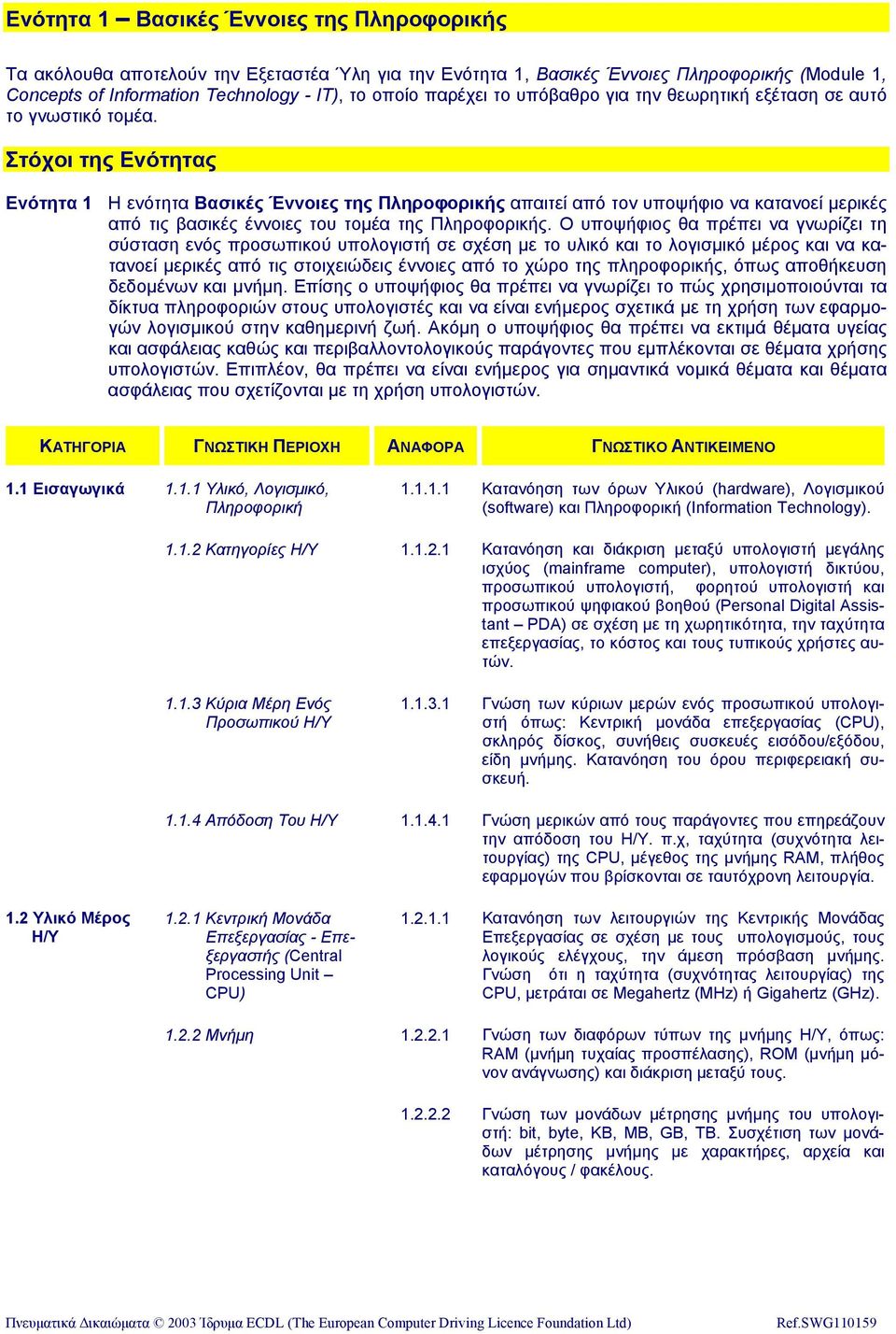 Στόχοι της Ενότητας Ενότητα 1 Η ενότητα Βασικές Έννοιες της Πληροφορικής απαιτεί από τον υποψήφιο να κατανοεί µερικές από τις βασικές έννοιες του τοµέα της Πληροφορικής.