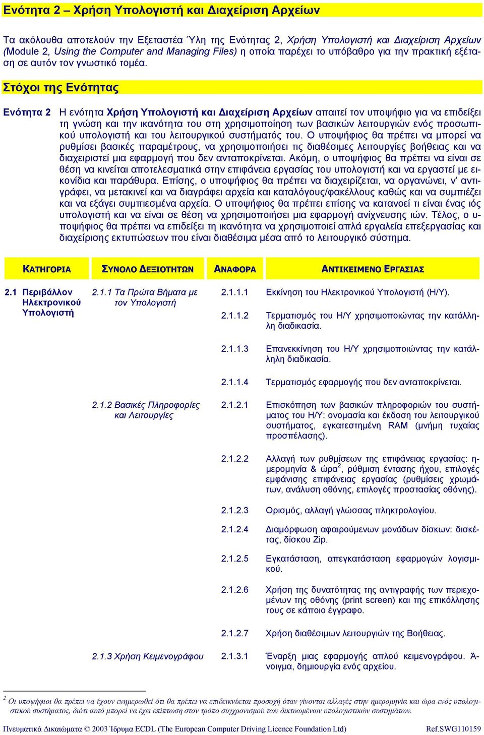 Στόχοι της Ενότητας Ενότητα 2 Η ενότητα Χρήση Υπολογιστή και ιαχείριση Αρχείων απαιτεί τον υποψήφιο για να επιδείξει τη γνώση και την ικανότητα του στη χρησιµοποίηση των βασικών λειτουργιών ενός