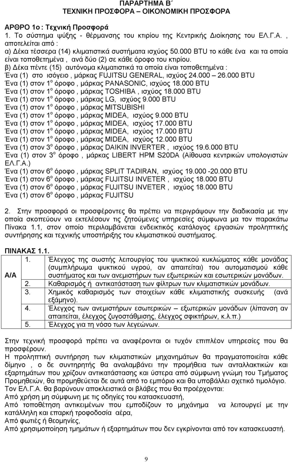 β) Δέκα πέντε (15) αυτόνομα κλιματιστικά τα οποία είναι τοποθετημένα : Ένα (1) στο ισόγειο, μάρκας FUJITSU GENERAL, ισχύος 24.000 26.000 ΒΤU Ένα (1) στον 1 ο όροφο, μάρκας PANASONIC, ισχύος 18.