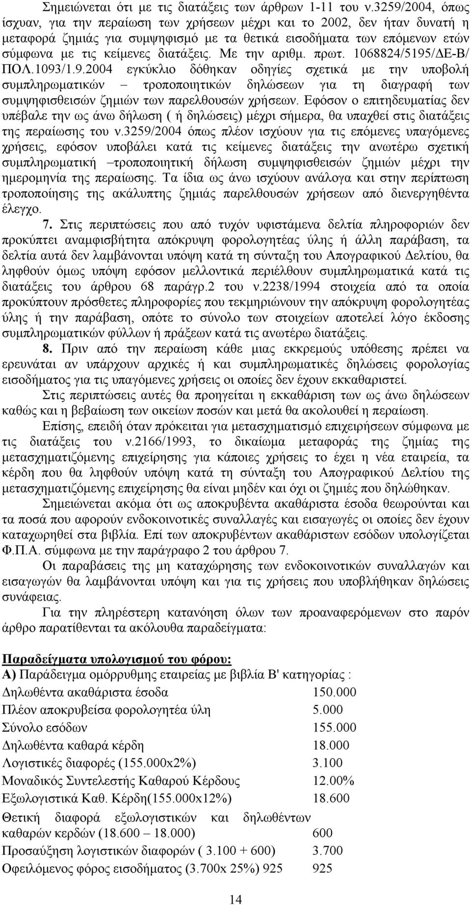 Με την αριθμ. πρωτ. 1068824/5195/ΔΕ-Β/ ΠΟΛ.1093/1.9.2004 εγκύκλιο δόθηκαν οδηγίες σχετικά με την υποβολή συμπληρωματικών τροποποιητικών δηλώσεων για τη διαγραφή των συμψηφισθεισών ζημιών των παρελθουσών χρήσεων.