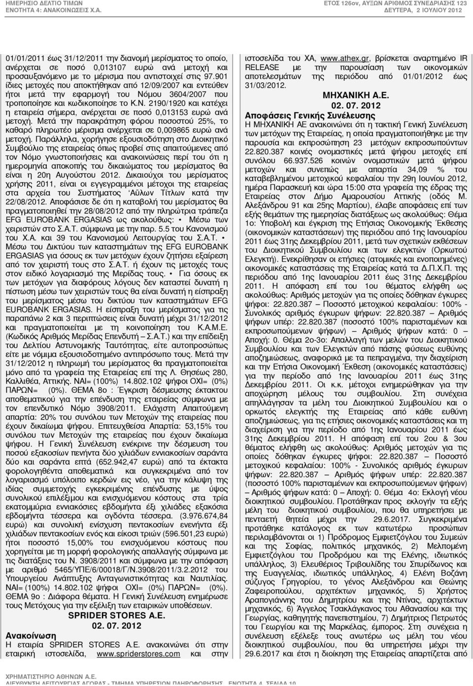 Μετά την παρακράτηση φόρου ποσοστού 25%, το καθαρό πληρωτέο μέρισμα ανέρχεται σε 0,009865 ευρώ ανά μετοχή.