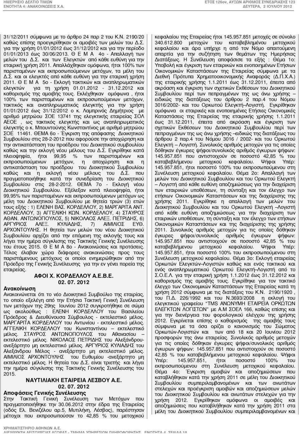 Θ Ε Μ Α 5ο - Εκλογή τακτικών και αναπληρωματικών ελεγκτών για τη χρήση 01.01.2012-31.12.2012 και καθορισμός της αμοιβής τους.