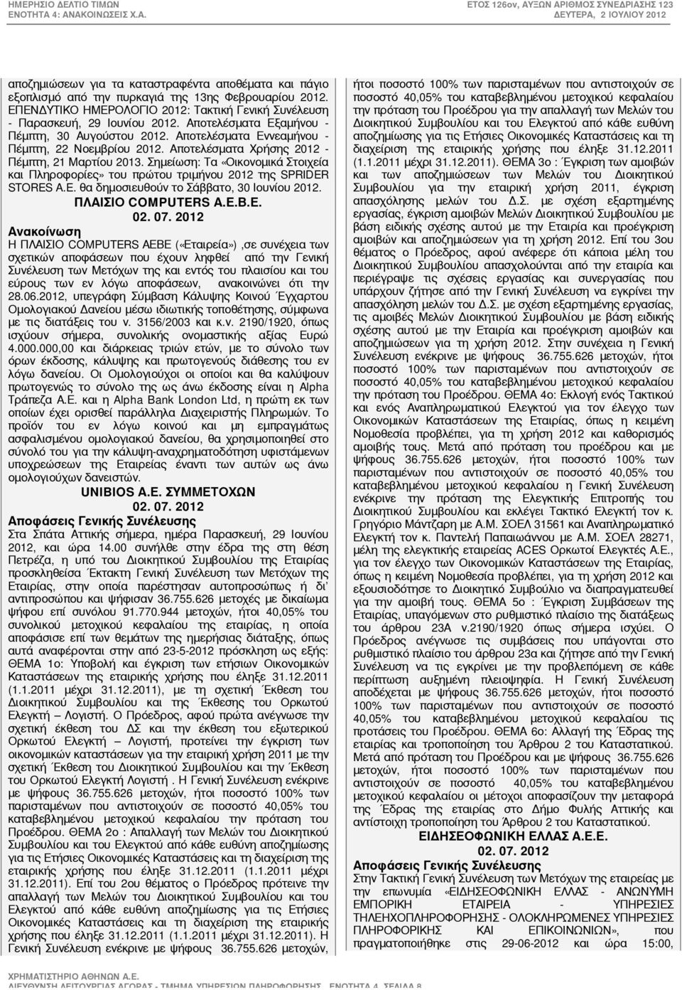 Σημείωση: Τα «Οικονομικά Στοιχεία και Πληροφορίες» του πρώτου τριμήνου 2012 της SPRIDER STORES A.E. θα δημοσιευθούν το Σάββατο, 30 Ιουνίου 2012. ΠΛΑΙΣΙΟ COMPUTERS Α.Ε.