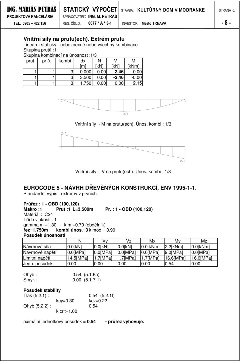 0 -.46 -.750.5. Vnitřní síly - M na prutu(ech). Únos. kombi : /.5 -.5 Vnitřní síly - V na prutu(ech). Únos. kombi : / EUROCODE 5 - NÁVRH DŘEVĚNÝCH KONSTRUKCÍ, ENV 995--.