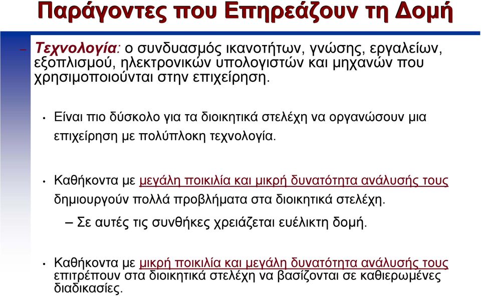 Είναι πιο δύσκολο για τα διοικητικά στελέχη να οργανώσουν µια επιχείρηση µε πολύπλοκη τεχνολογία.