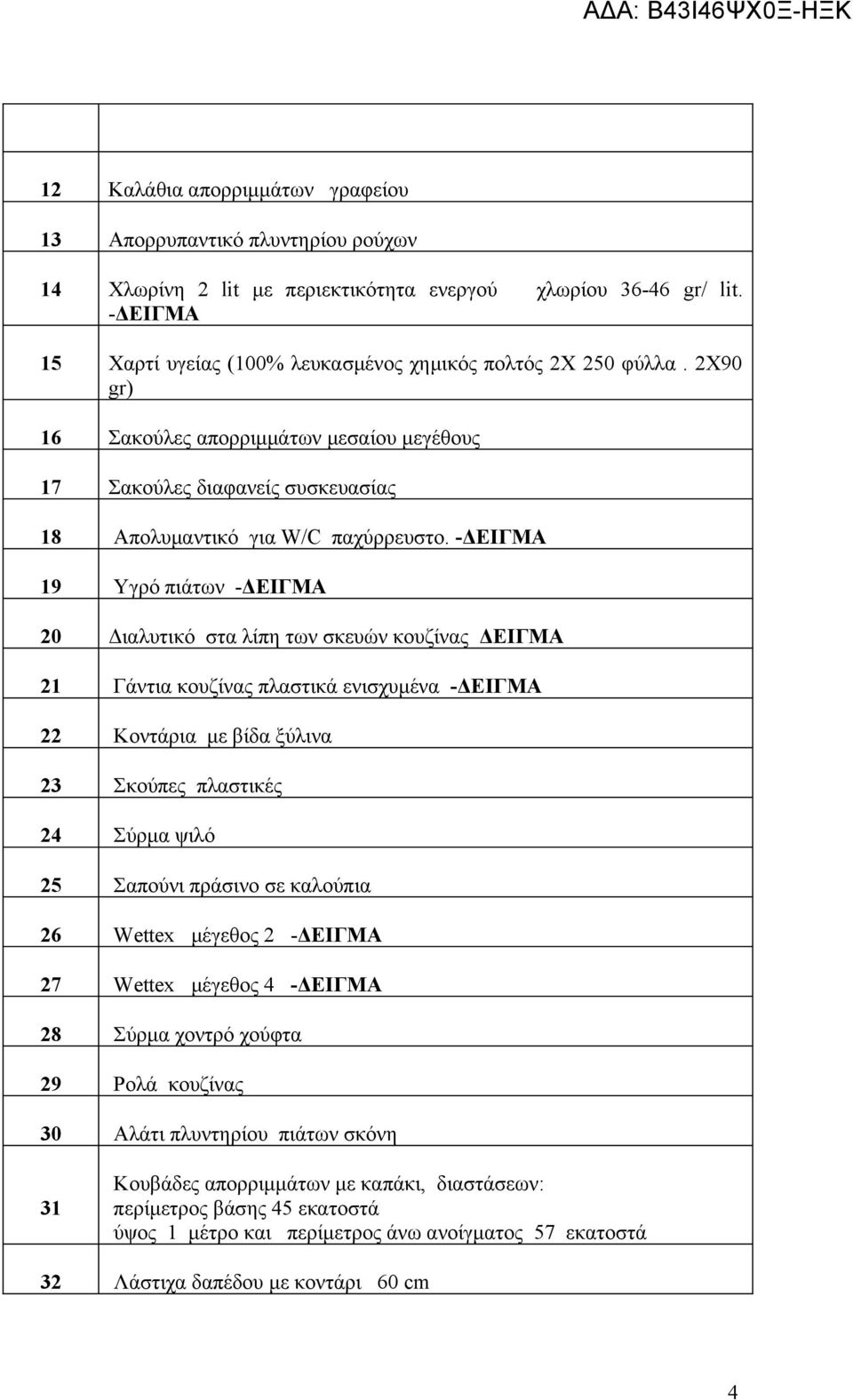 -ΔΕΙΓΜΑ 19 Υγρό πιάτων -ΔΕΙΓΜΑ 20 Διαλυτικό στα λίπη των σκευών κουζίνας ΔΕΙΓΜΑ 21 Γάντια κουζίνας πλαστικά ενισχυμένα -ΔΕΙΓΜΑ 22 Κοντάρια με βίδα ξύλινα 23 Σκούπες πλαστικές 24 Σύρμα ψιλό 25 Σαπούνι
