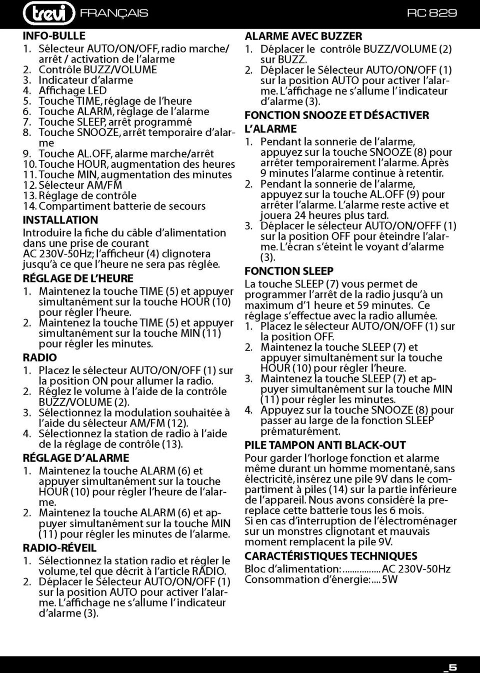 Touche MIN, augmentation des minutes 12. Sélecteur AM/FM 13. Réglage de contrôle 14.