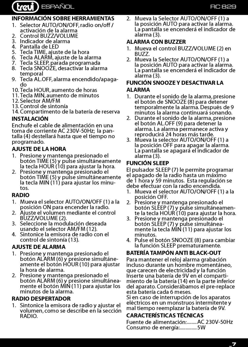 Tecla HOUR, aumento de horas 11. Tecla MIN, aumento de minutos 12. Selector AM/FM 13. Control de sintonía 14.