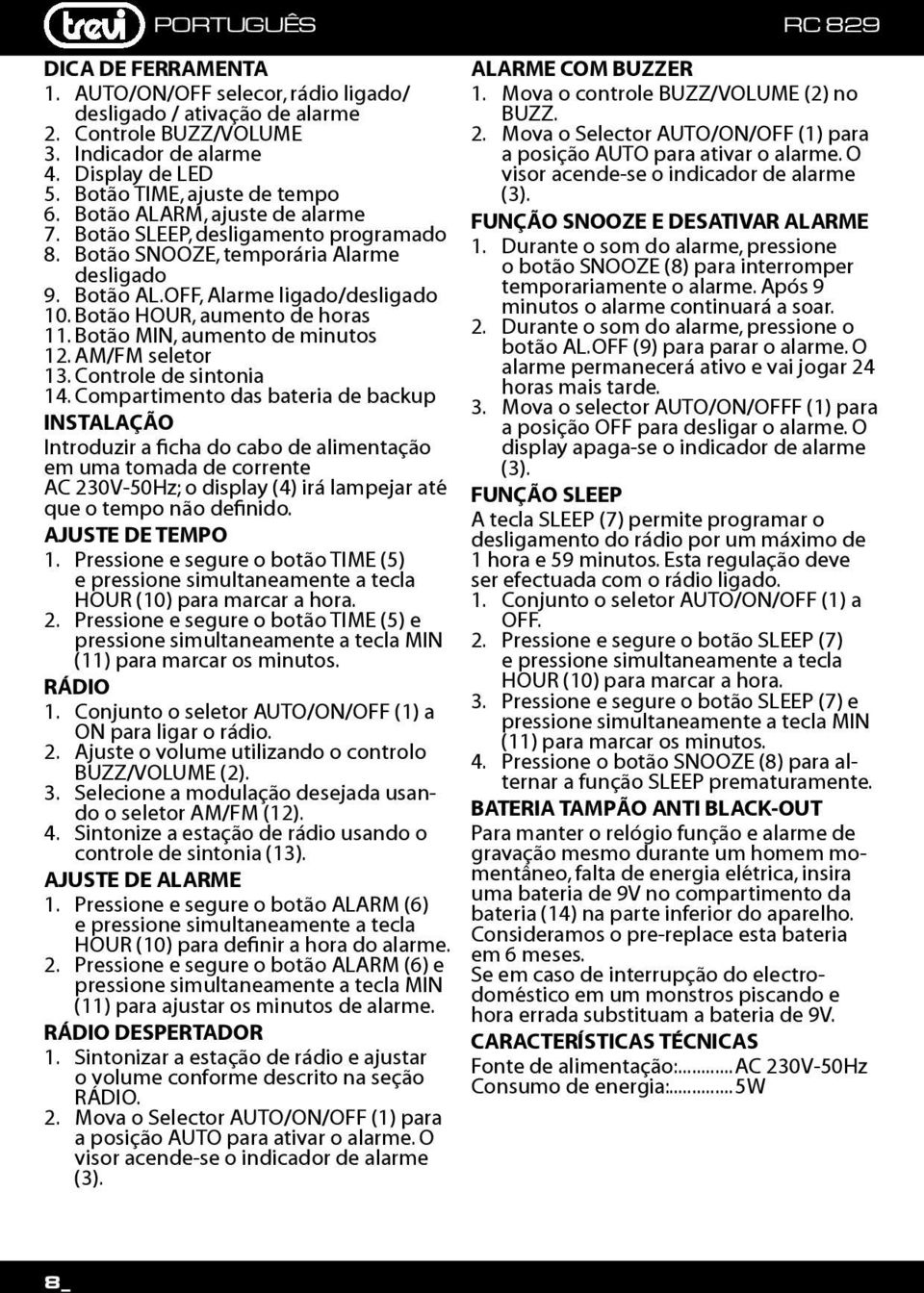 Botão MIN, aumento de minutos 12. AM/FM seletor 13. Controle de sintonia 14.