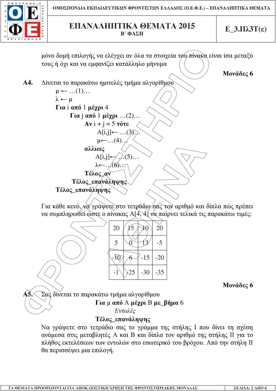κενό, να γράψετε στο τετράδιο σας τον αριθµό και δίπλα πώς πρέπει να συµπληρωθεί ώστε ο πίνακας Α[4, 4] να παίρνει τελικά τις παρακάτω τιµές: 20 15 10 20 5 0 13-5 -10 6-15 -20-1 -25-30 -35 Α5.