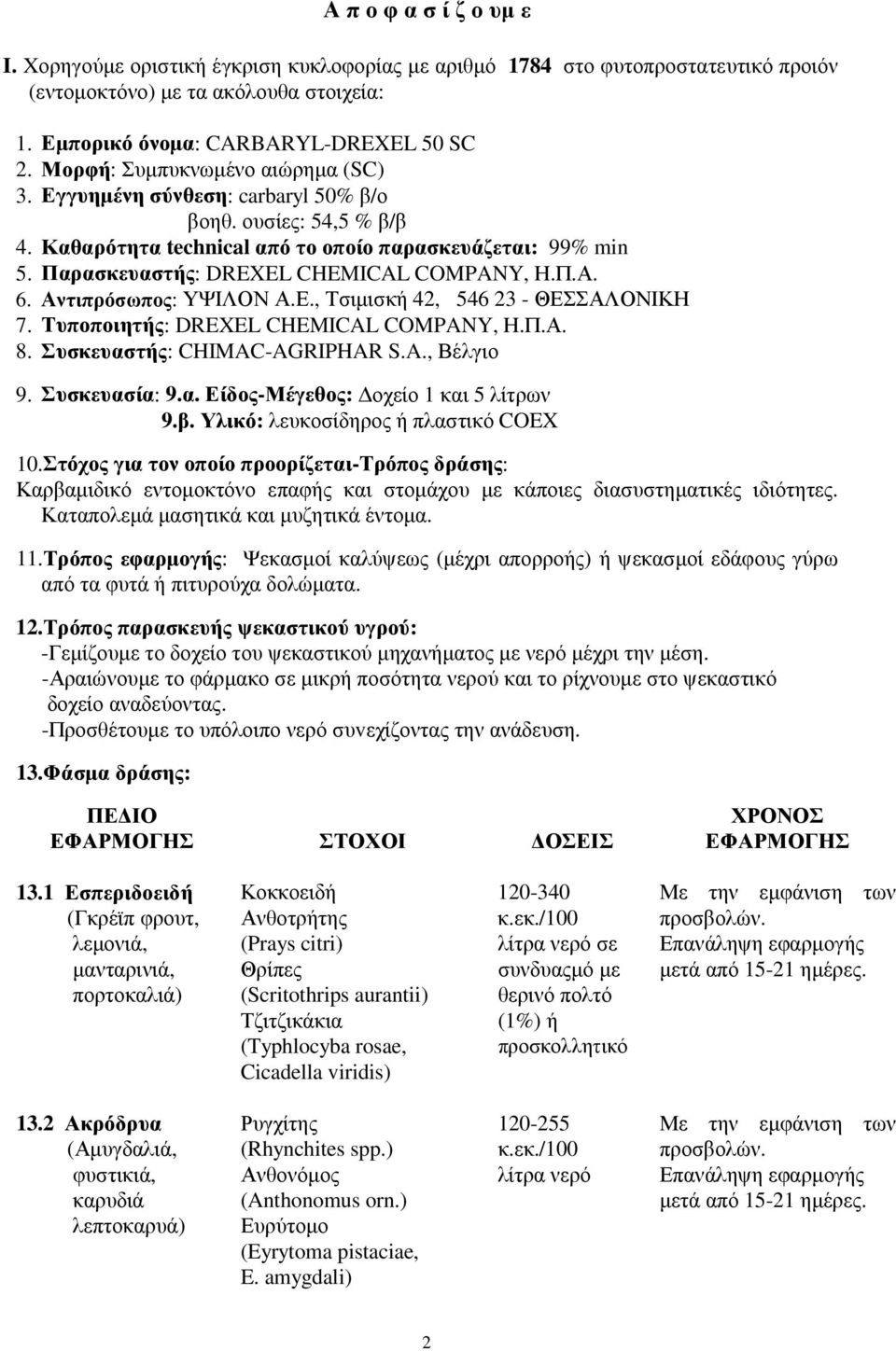 Παρασκευαστής: DREXEL CHEMICAL COMPANY, Η.Π.Α. 6. Αντιπρόσωπος: ΥΨΙΛΟΝ Α.Ε., Τσιµισκή 42, 546 23 - ΘΕΣΣΑΛΟΝΙΚΗ 7. Τυποποιητής: DREXEL CHEMICAL COMPANY, Η.Π.Α. 8. Συσκευαστής: CHIMAC-AGRIPHAR S.A., Βέλγιο 9.