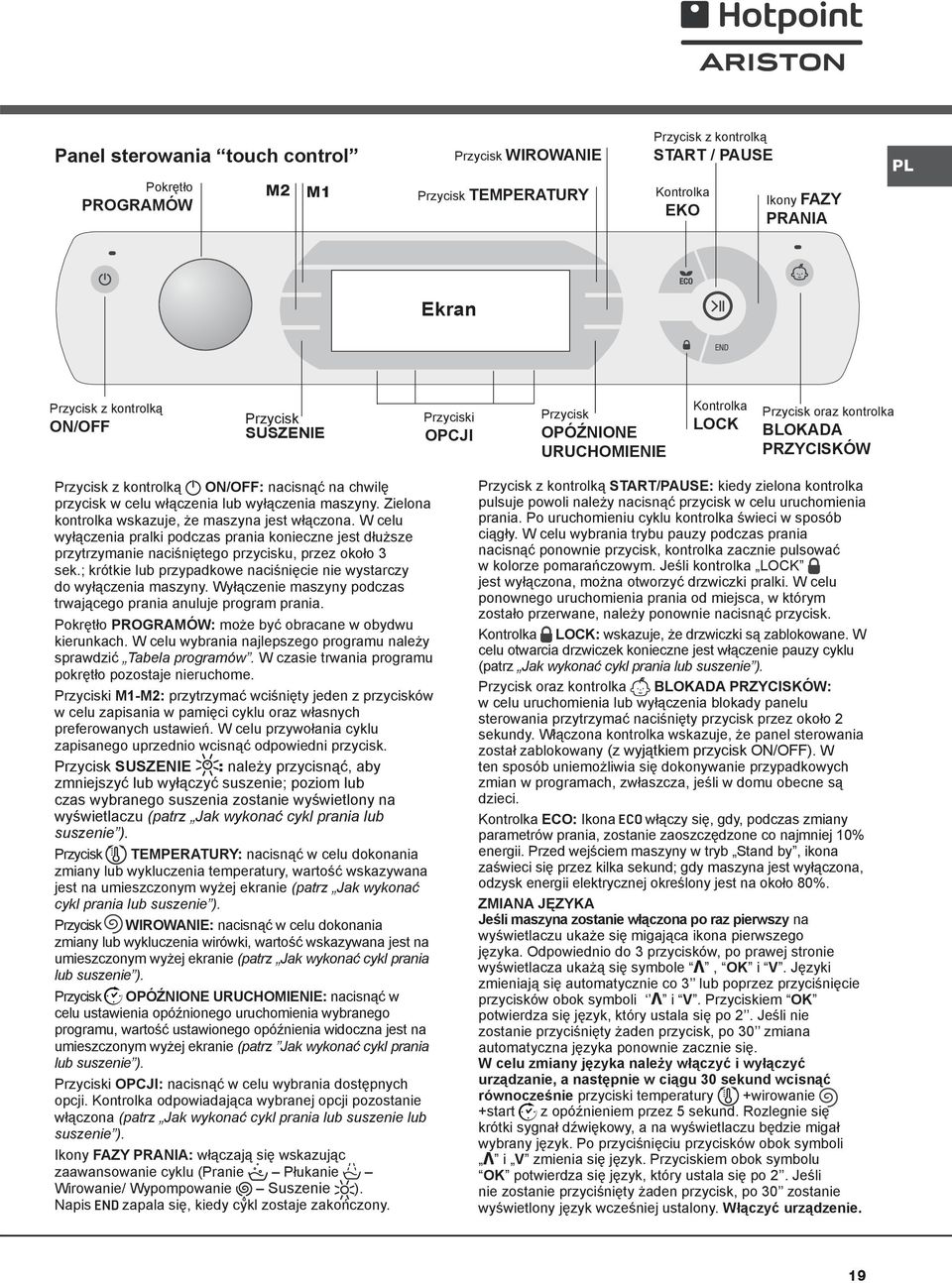 lub wyłączenia maszyny. Zielona kontrolka wskazuje, że maszyna jest włączona. W celu wyłączenia pralki podczas prania konieczne jest dłuższe przytrzymanie naciśniętego przycisku, przez około 3 sek.