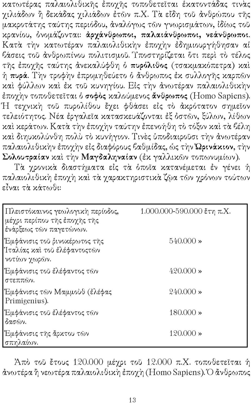 Τὴν τροφὴν ἐπρομηθεύετο ὁ ἄνθρωπος ἐκ συλλογῆς καρπῶν καὶ φύλλων καὶ ἐκ τοῦ κυνηγίου. Εἰς τὴν ἀνωτέραν παλαιολιθικὴν ἐποχὴν τοποθετεῖται ὁ σοφὸς καλούμενος ἄνθρωπος (Homo Sapiens).