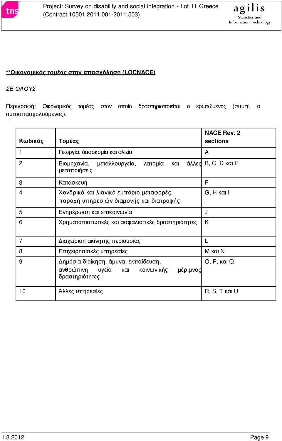 υπηρεσιών διαµονής και διατροφής 5 Ενηµέρωση και επικοινωνία J 6 Χρηµατοπιστωτικές και ασφαλιστικές δραστηριότητες K NACE Rev.