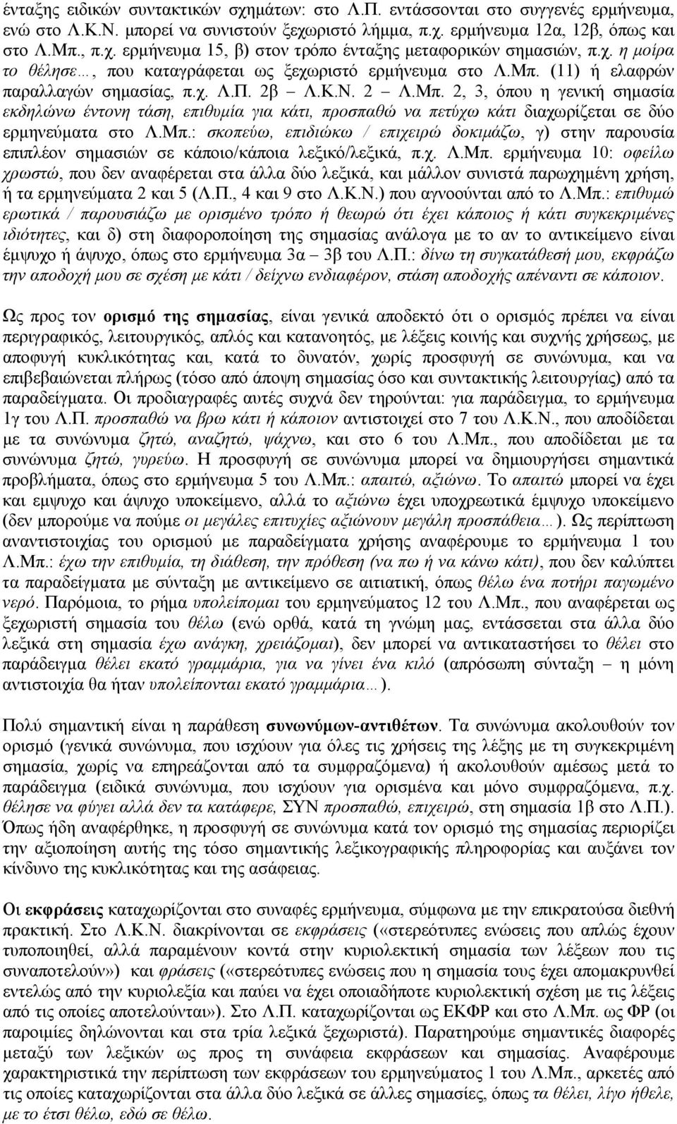 (11) ή ελαφρών παραλλαγών σημασίας, π.χ. Λ.Π. 2β Λ.Κ.Ν. 2 Λ.Μπ. 2, 3, όπου η γενική σημασία εκδηλώνω έντονη τάση, επιθυμία για κάτι, προσπαθώ να πετύχω κάτι διαχωρίζεται σε δύο ερμηνεύματα στο Λ.Μπ.: σκοπεύω, επιδιώκω / επιχειρώ δοκιμάζω, γ) στην παρουσία επιπλέον σημασιών σε κάποιο/κάποια λεξικό/λεξικά, π.