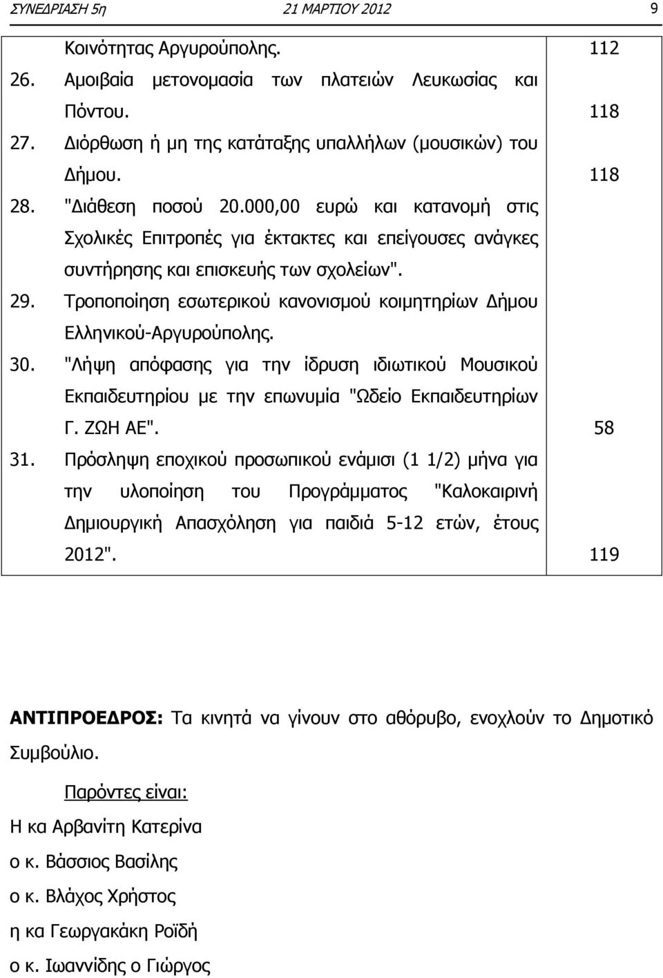 Τροποποίηση εσωτερικού κανονισμού κοιμητηρίων Δήμου Ελληνικού-Αργυρούπολης. 30. "Λήψη απόφασης για την ίδρυση ιδιωτικού Μουσικού Εκπαιδευτηρίου με την επωνυμία "Ωδείο Εκπαιδευτηρίων Γ. ΖΩΗ ΑΕ". 31.