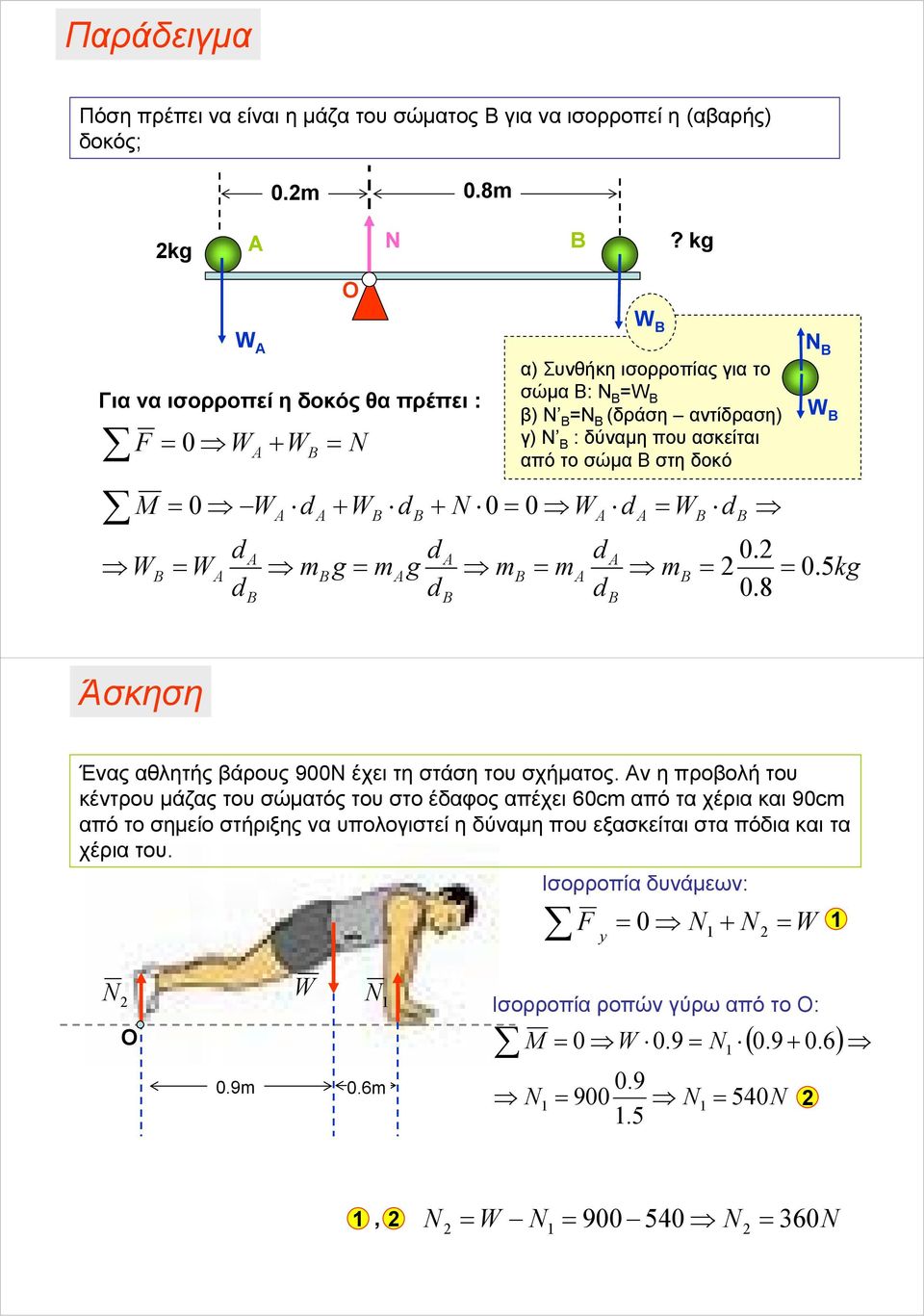 δύναμη που ασκείται απότοσώμαβστηδοκό B m A A A B A m B B B 0. 0.8 N B B 0.5kg Άσκηση Ένας αθλητής βάρους 900Ν έχει τη στάση του σχήματος.