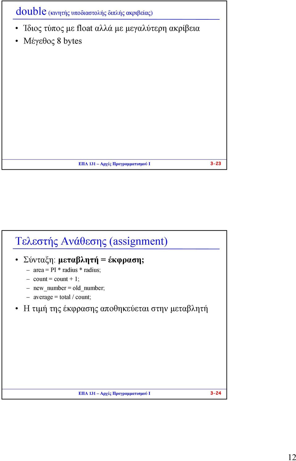 µεταβλητή = έκφραση; area = PI * radius * radius; count = count + 1; new_number = old_number;