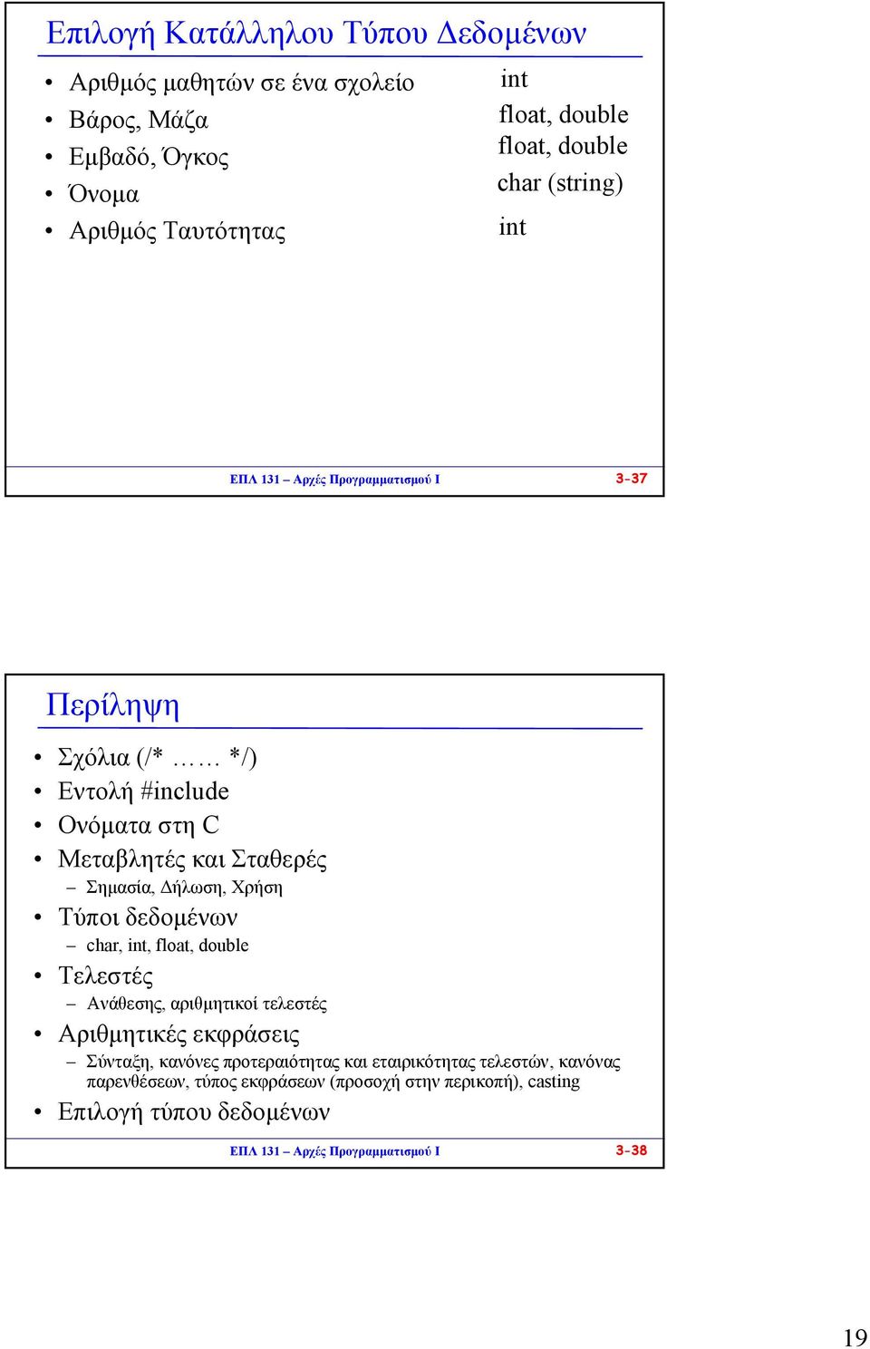 Χρήση Τύποι δεδοµένων char, int, float, double Τελεστές Ανάθεσης, αριθµητικοί τελεστές Αριθµητικές εκφράσεις Σύνταξη, κανόνες προτεραιότητας και