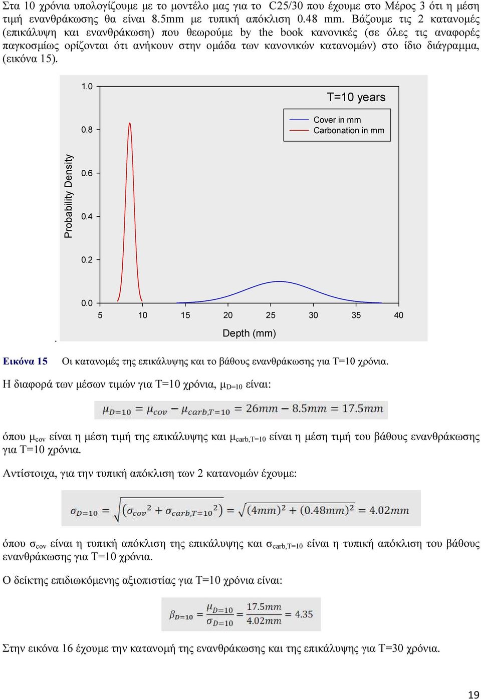 (εικόνα 15). 1.0 0.8 T=10 years Cover in mm Carbonation in mm Probability Density 0.6 0.4 0.2. 0.0 5 10 15 20 25 30 35 40 Depth (mm) Εικόνα 15 Οι κατανοµές της επικάλυψης και το βάθους ενανθράκωσης για Τ=10 χρόνια.