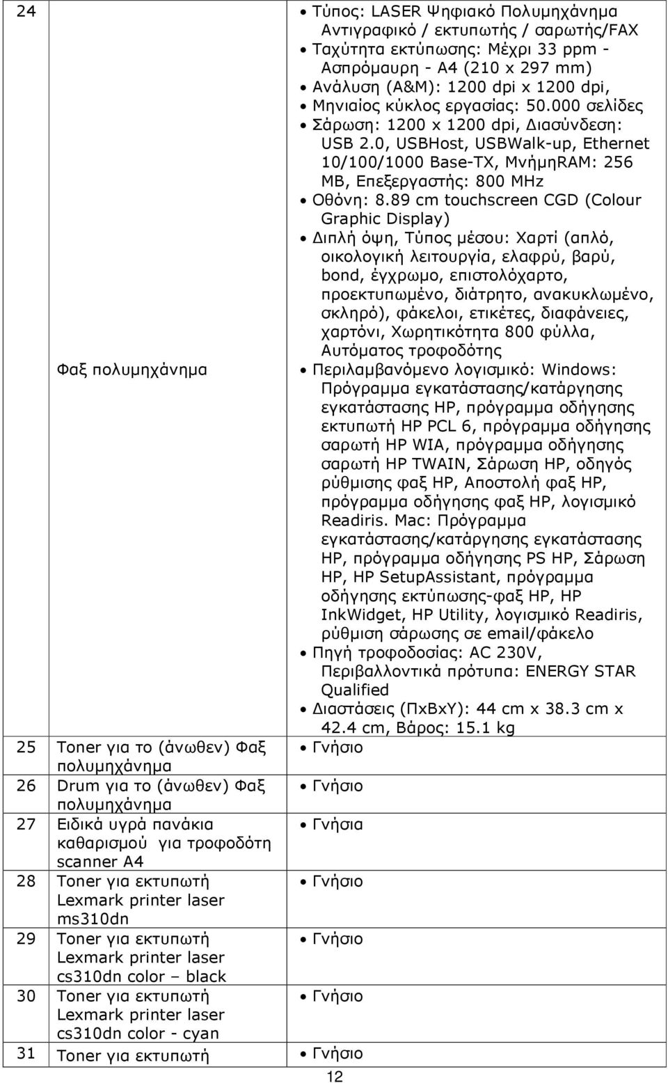 89 cm touchscreen CGD (Colour Graphic Display) ιπλή όψη, Τύπος µέσου: Χαρτί (απλό, οικολογική λειτουργία, ελαφρύ, βαρύ, bond, έγχρωµο, επιστολόχαρτο, προεκτυπωµένο, διάτρητο, ανακυκλωµένο, σκληρό),