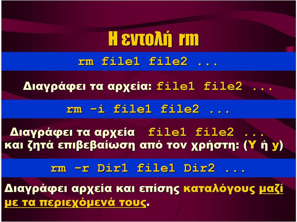 .. Διαγράφει τα αρχεία και ζητά επιβεβαίωση από τον χρήστη: : (Y( ή