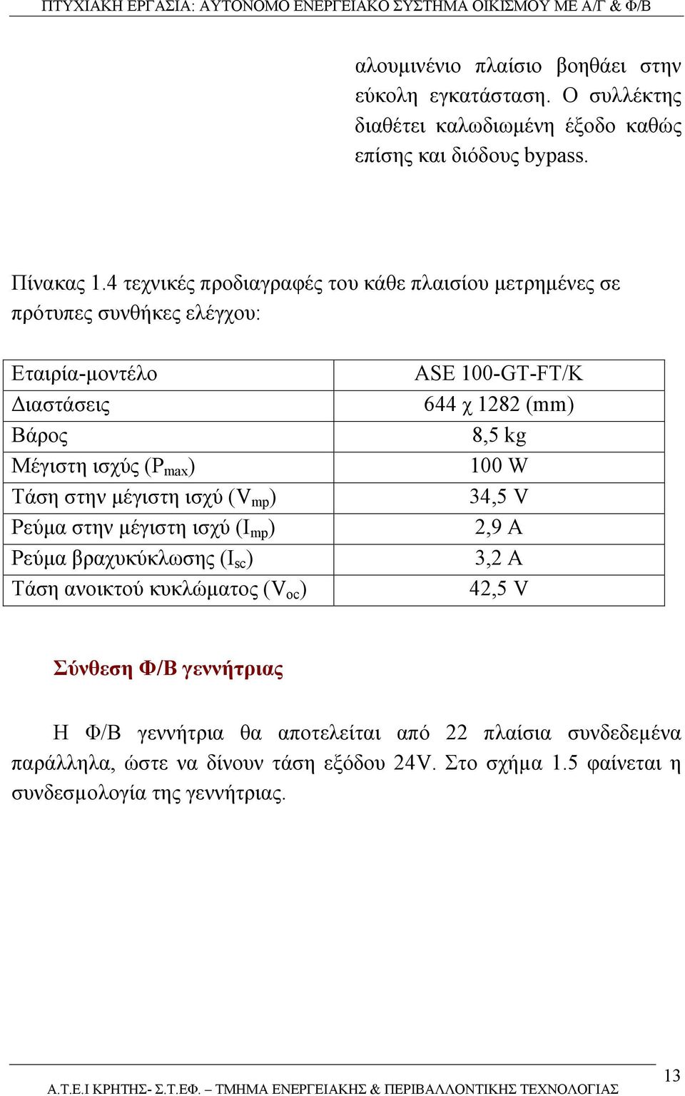 4 τεχνικές προδιαγραφές του κάθε πλαισίου µετρηµένες σε πρότυπες συνθήκες ελέγχου: Εταιρία-µοντέλο ιαστάσεις Βάρος Μέγιστη ισχύς (P max ) Τάση στην µέγιστη ισχύ (V mp ) Ρεύµα στην µέγιστη ισχύ (I