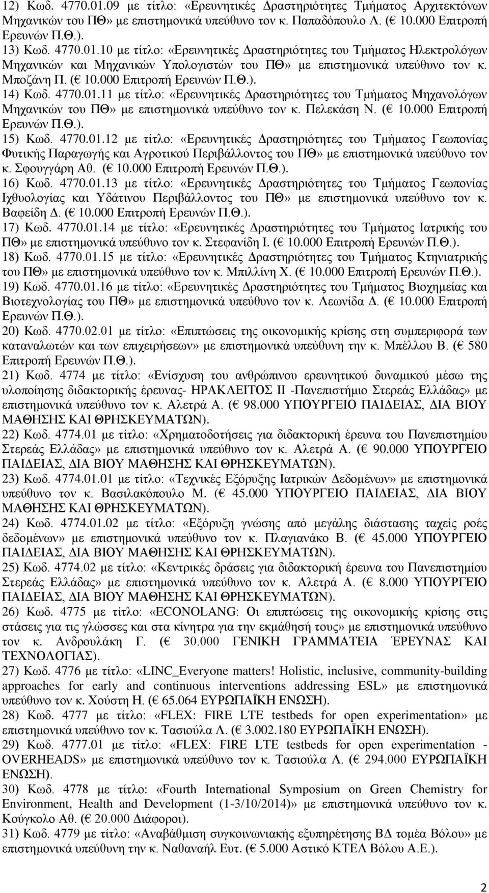 4770.01.12 με τίτλο: «Ερευνητικές Δραστηριότητες του Τμήματος Γεωπονίας Φυτικής Παραγωγής και Αγροτικού Περιβάλλοντος του ΠΘ» με επιστημονικά υπεύθυνο τον κ. Σφουγγάρη Αθ. ( 10.000 Επιτροπή Ερευνών Π.