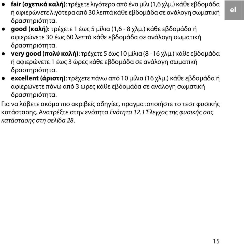 very good (πολύ καλή): τρέχετε 5 έως 10 μίλια (8-16 χλμ.) κάθε εβδομάδα ή αφιερώνετε 1 έως 3 ώρες κάθε εβδομάδα σε ανάλογη σωματική δραστηριότητα.