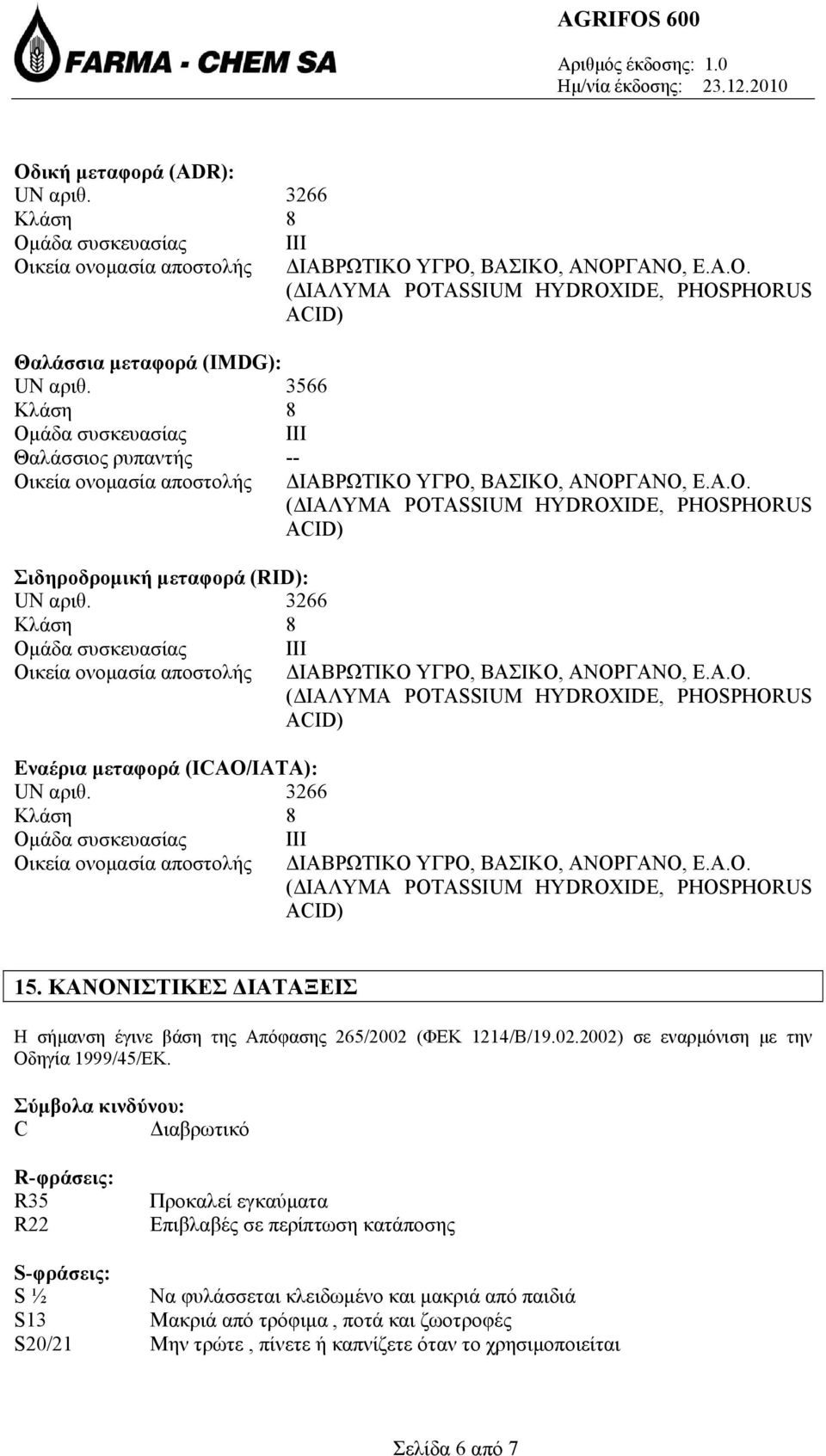 3266 Ομάδα συσκευασίας III III III 15. ΚΑΝΟΝΙΣΤΙΚΕΣ ΔΙΑΤΑΞΕΙΣ Η σήμανση έγινε βάση της Απόφασης 265/2002 (ΦΕΚ 1214/Β/19.02.2002) σε εναρμόνιση με την Οδηγία 1999/45/ΕΚ.