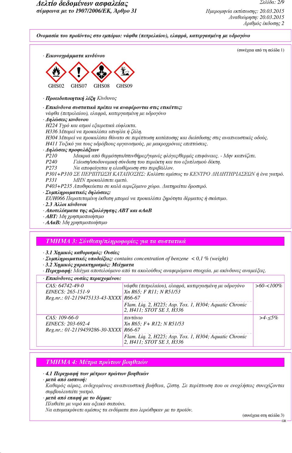 H304 Μπορεί να προκαλέσει θάνατο σε περίπτωση κατάποσης και διείσδυσης στις αναπνευστικές οδούς. H411 Τοξικό για τους υδρόβιους οργανισµούς, µε µακροχρόνιες επιπτώσεις.