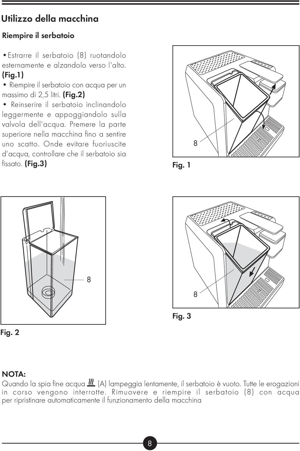 Premere la parte superiore nella macchina fino a sentire uno scatto. Onde evitare fuoriuscite d'acqua, controllare che il serbatoio sia fissato. (Fig.3) Fig. 1 8 8 8 Fig. 3 Fig.