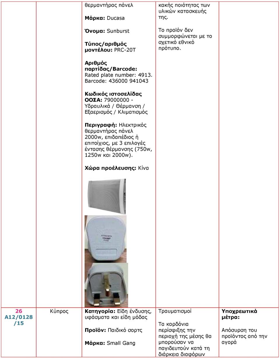 Barcode: 436000 941043 ΟΟΣΑ: 79000000 - Υδραυλικά / Θέρµανση / Εξαερισµός / Κλιµατισµός Περιγραφή: Ηλεκτρικός θερµαντήρας πάνελ 2000w, επιδαπέδιος ή