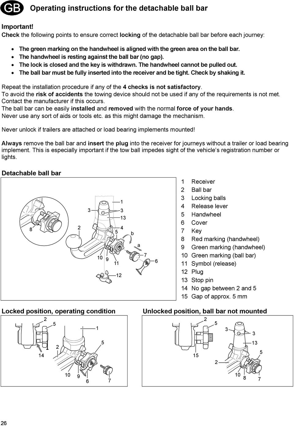 The handwheel is resting against the ball bar (no gap). The lock is closed and the key is withdrawn. The handwheel cannot be pulled out.