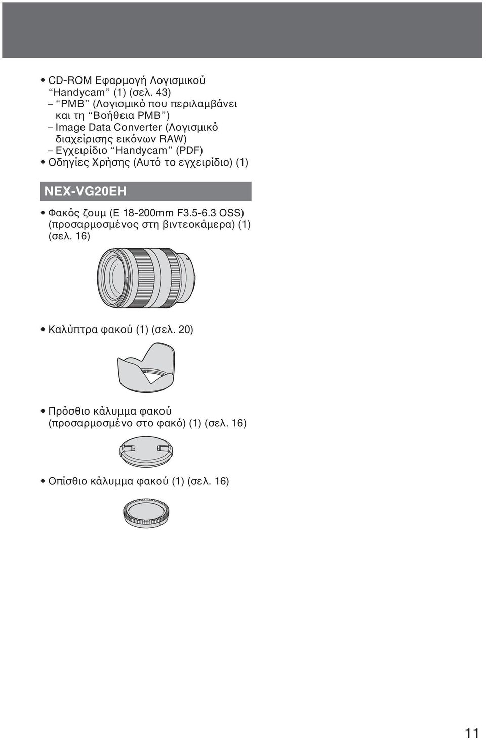 RAW) Εγχειρίδιο Handycam (PDF) Οδηγίες Χρήσης (Αυτό το εγχειρίδιο) (1) NEX-VG20EH Φακός ζουµ (E 18-200mm F3.5-6.