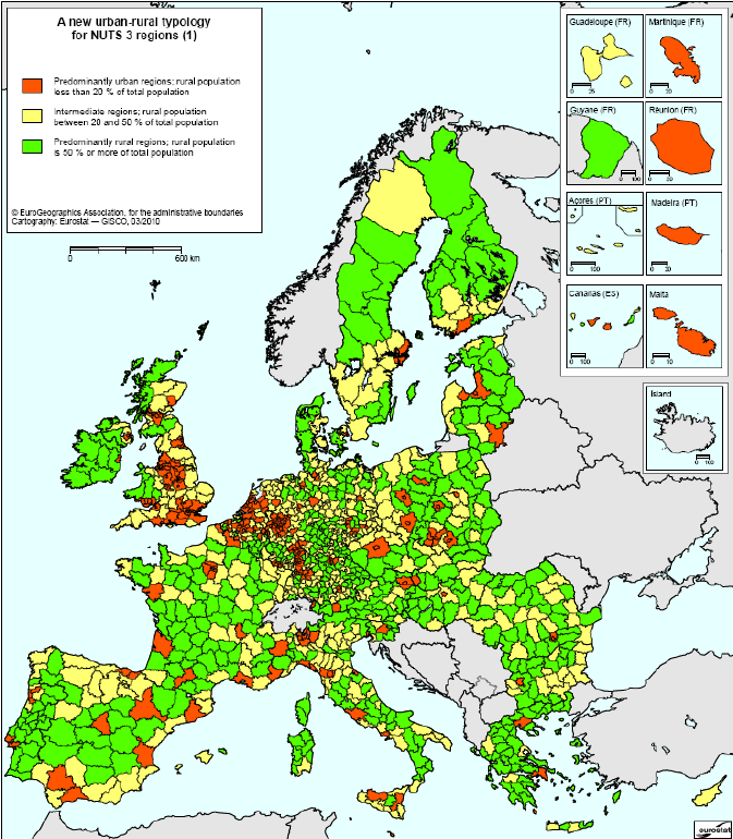 Χάρτης 3.2. Η νέα τυπολογία αγροτικότητας - αστικότητας της Ευρωπαϊκής Ένωσης.