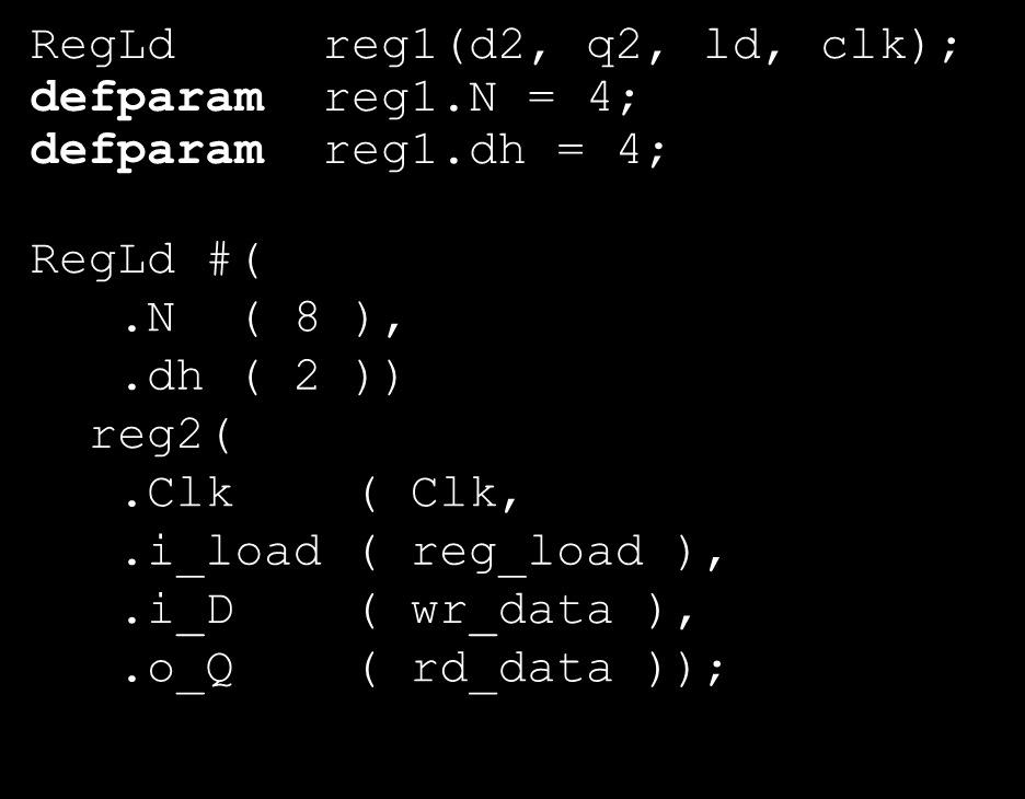 Παραμετρικά modules 2/2 RegLd reg1(d2, q2, ld, clk); defparam reg1.n = 4; defparam reg1.dh = 4; RegLd #(.N ( 8 ),.