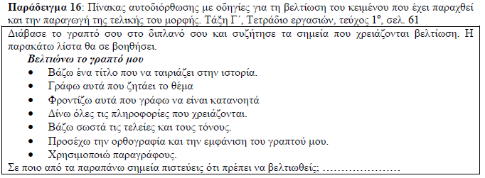 πίνακες αυτοδιόρθωσης που περιλαμβάνουν οδηγίες για τη βελτίωση του κειμένου και την παραγωγή της τελικής του μορφής (παραδείγματα 16-18) επαναληπτικοί πίνακες με τα βασικά κειμενικά χαρακτηριστικά