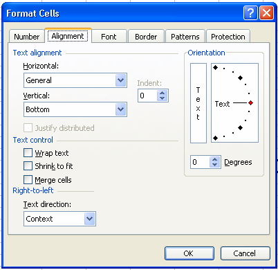 prelamanje teksta spajanje ćelija Vertikalno ispisivanje teksta Opcija Horizontal poravnjava sadržaj ćelije po horizontali i ima sledeće podopcije:general tekst se automatski poravnjava levo a