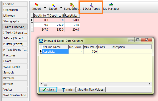 Σχήμα Π.24 Πεδίο I-Data (Intervals) και εντολή I-Data Types Σημαντική σημείωση : Οι Βυθοσκοπήσεις μας βοήθησαν να εκτιμήσουμε σε ποιό βάθος συναντάμε υπόβαθρο.