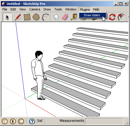Με την επενεκκίνηση του SketchUp, χρησιμοποιώντας το μενού Plugins>>Draw_stairs θα σχηματιζόταν η πρόσοψη σκαλοπατιών Βήμα 4: Μορφοποίηση Push/Pull Το εργαλείο Push/Pull είναι πολύ εύχρηστο για